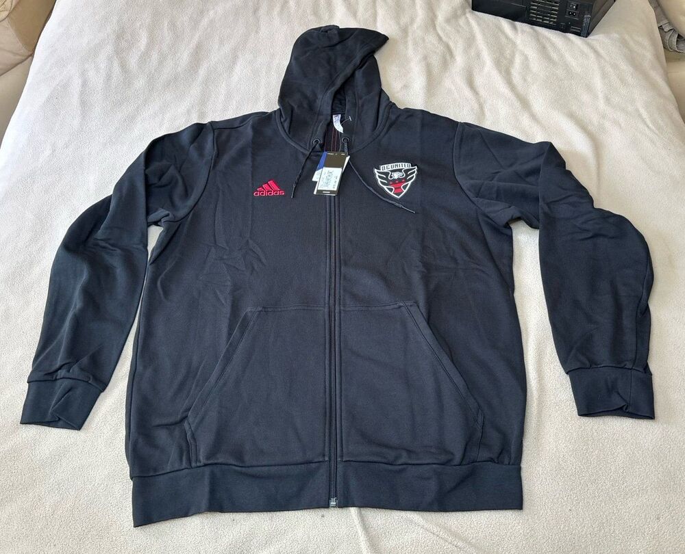 New Adidas MLS DC United Black Full-Zip Travel Hoodie Jacket Size XL DP5006